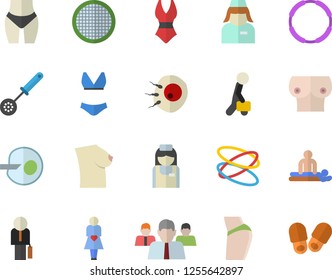 Color flat icon set kitchen spoon flat vector, sieve, team, massage, gestation, nurse, breast, artificial insemination, businessman, buttocks, waistline, swimsuit, hoop, slippers fector