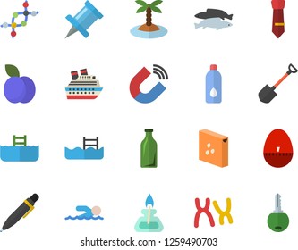 Color flat icon set kitchen egg timer flat vector, groats, fish, plum, shovel, magnet, glass bottles, chromosomes, tie, pen, gas burner, dna, swimming, water, pool, island fector, cruise ship, key