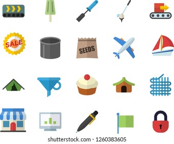 Color flat icon set kitchen spatula flat vector, cupcake, ice cream, seeds, conveyor, fabric manufacture, pipe production, store front, funnel, flag, sell out, sailboat, computer chart, pen, tent