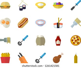 Color flat icon set kitchen spatula flat vector, whisk, knives, flour, ketchup, spaghetti on a fork, hamburger, hot dog, pizza, dish, salad, chicken, French fries, fish rolls, sashimi, mustard