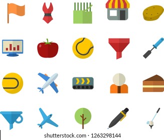 Color flat icon set kitchen spatula flat vector, potato, tomato, piece of cake, tree, conveyor, fabric manufacture, store front, funnel, person, flag, computer chart, pen, tennis ball, swimsuit