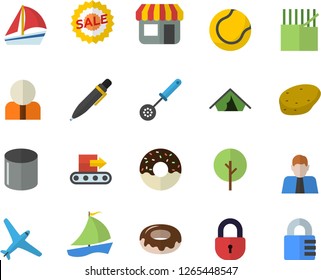 Color flat icon set kitchen spoon flat vector, potato, donut, tree, conveyor, fabric manufacture, pipe production, store front, person, sell out, sailboat, pen, tennis ball, aircraft fector, tent