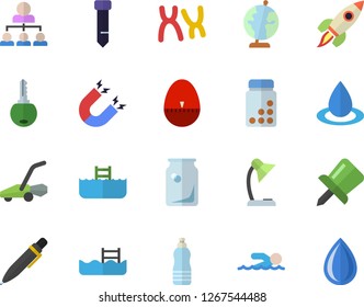 Color flat icon set kitchen egg timer flat vector, lawn mower, drop, glass bottles, chromosomes, drawing pin, reading lamp, tie, hierarchy, pen, rocket, globe, magnet, vitamins, swimming, water, key