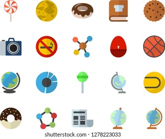 Color flat icon set kitchen egg timer flat vector, cookbook, donut, lollipop, biscuit, molecules, clircle diagram, document, moon, globe, basketball, tennis ball, camera fector, no smoking