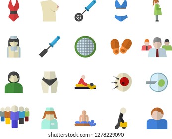 Color flat icon set kitchen spatula flat vector, spoon, sieve, team, massage, gestation, nurse, breast, artificial insemination, businessman, waistline, swimsuit, slippers fector, user