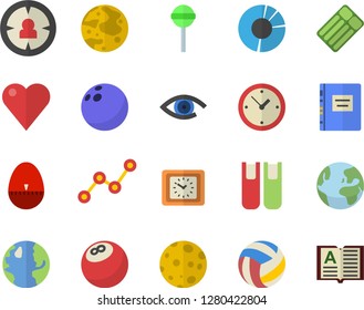 Color flat icon set kitchen egg timer flat vector, lollipop, earth, target audience, scatter chart, clock, heart, clircle diagram, book, moon, textbook, bowling ball, volleyball, fector, eye
