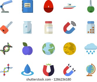 Color flat icon set kitchen egg timer flat vector, plum, rain, drop, magnet, glass bottles, notebook, reading lamp, moon, dna, vitamins, earth fector, yacht, key, globe