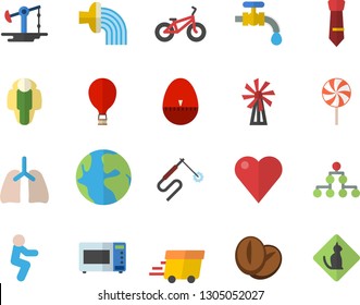 Color flat icon set kitchen egg timer flat vector, microwave, lollipop, coffee beans, windmill, hose irrigation, water tap, oil pumping, welding, earth, express delivery, heart, lungs, tie, bicycle