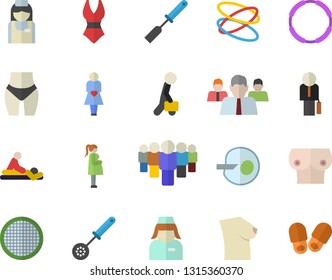 Color flat icon set kitchen spatula flat vector, spoon, sieve, team, massage, gestation, nurse, breast, artificial insemination, businessman, waistline, swimsuit, hoop, slippers fector
