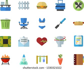 Color flat icon set kitchen spatula flat vector, barbecue, hamburger, hot dog, carrot, oil production platform, motherboard, radiator, graphic report, headache, office chair, copy machine, beakers