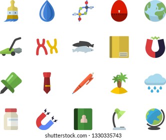 Color flat icon set kitchen egg timer flat vector, fish, paint brush, lawn mower, rain, chromosomes, notebook, drawing pin, reading lamp, tie, pen, magnet, dna, vitamins, earth fector, island, drop
