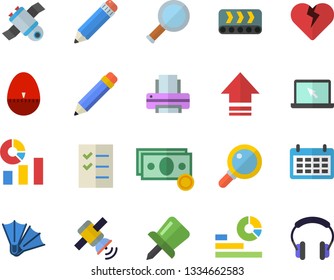 Color Flat Icon Set Kitchen Egg Timer Flat Vector, Conveyor, Cash, Statistics, Calendar, Drawing Pin, To Do List, Printer, Pencil, Laptop, Satellit, Magnifier, Flippers Fector, Upload, Heart