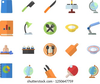 Color flat icon set knives flat vector, cutting board, table setting, dish, book balance accounting, massage, reading lamp, meeting, globe, tennis, romantic dinner fector