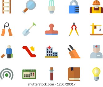 Color flat icon set knives flat vector, shovel, ladder, construction worker, crane, dividers, blood test, hospital, physician, calendar, energy saving lamp fector, textbook, magnifier, escalator
