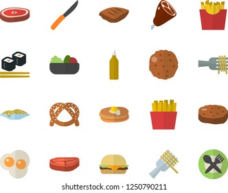Color flat icon set knives flat vector, chop, pancakes, bagel, spaghetti on a fork, hamburger, salad, ham, cutlet, French fries, fish rolls, scrambled eggs, mustard, table setting fector
