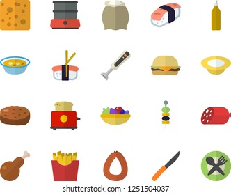 Color flat icon set knives flat vector, toaster, double boiler, blender, flour, sausage, cheese, hamburger, dish, salad, soup, chicken, cutlet, French fries, sashimi, canape, mustard
