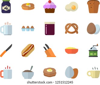 Color flat icon set knives flat vector, coffee grinder, egg, pancakes, bagel, cake, bread, hot dog, porridge, tea, scrambled eggs, jam
