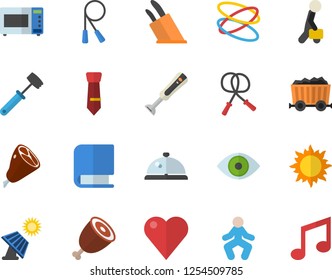 Color flat icon set knives flat vector, meat hammer, microwave, blender, ham, sun, solar battery, mining, heart, eye, tie, businessman, book, skipping rope, gymnastics, hoop, jingle fector, note