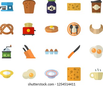 Color flat icon set knives flat vector, coffee grinder, toaster, machine, table setting, pancakes, bagel, croissant, cheese, egg, bread, dish, coffe, scrambled eggs, jam