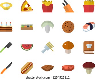 Color flat icon set knives flat vector, cookbook, spice, chop, watermelon, spaghetti on a fork, hot dog, pizza, mushroom, cake, dish, French fries, sashimi, biscuit