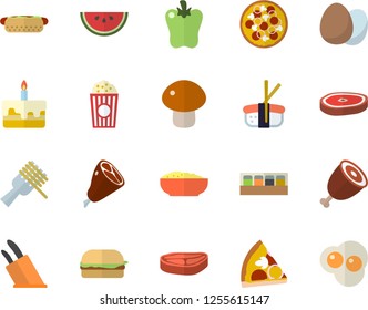 Color flat icon set knives flat vector, spice, egg, chop, watermelon, spaghetti on a fork, hamburger, hot dog, pizza, mushroom, cake, porridge, ham, bell pepper, sashimi, popcorn, scrambled eggs