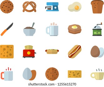 Color flat icon set knives flat vector, coffee grinder, toaster, machine, egg, biscuit, bagel, cheese, bread, hot dog, porridge, tea, scrambled eggs, pancakes