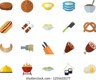 Color flat icon set knives flat vector, barbecue, dish, plates, biscuit, bagel, croissant, spaghetti on a fork, hot dog, porridge, ham, shashlik, cutlet, fish rolls, scrambled eggs