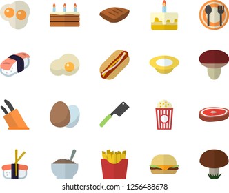 Color flat icon set knives flat vector, egg, table setting, hamburger, hot dog, cake, dish, porridge, chop, French fries, sashimi, popcorn, scrambled eggs, mushroom