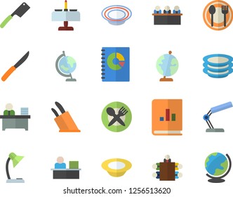 Color flat icon set knives flat vector, table setting, plates, dish, book balance accounting, reading lamp, office worker, meeting, globe, romantic dinner fector