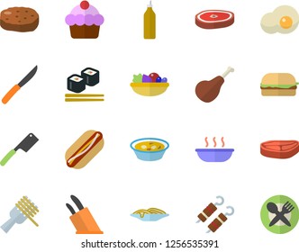 Color flat icon set knives flat vector, chop, ham, cake, spaghetti on a fork, hamburger, hot dog, salad, soup, shashlik, cutlet, fish rolls, scrambled eggs, mustard, table setting fector