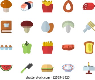 Color flat icon set knives flat vector, cookbook, chop, sausage, egg, watermelon, spaghetti on a fork, hamburger, mushroom, dish, bell pepper, French fries, sashimi, sandwich, romantic dinner fector