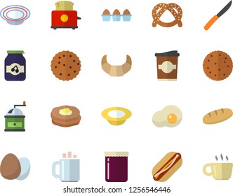 Color flat icon set knives flat vector, coffee grinder, toaster, egg, biscuit, bagel, croissant, bread, hot dog, dish, coffe, scrambled eggs, jam, pancakes