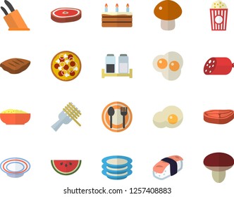 Color flat icon set knives flat vector, spice, table setting, plates, chop, sausage, watermelon, spaghetti on a fork, pizza, mushroom, cake, dish, porridge, sashimi, popcorn, scrambled eggs