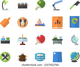 Color flat icon set knives flat vector, cutting board, table setting, plates, book balance accounting, massage, reading lamp, office worker, meeting, globe, tennis, romantic dinner fector