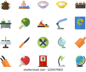 Color flat icon set knives flat vector, cutting board, dish, book balance accounting, massage, reading lamp, office worker, meeting, globe, table tennis, romantic dinner fector, setting, doctor's