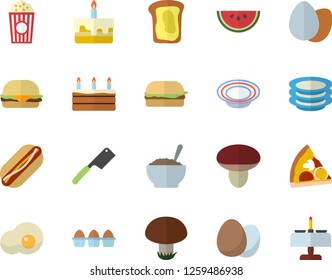 Color flat icon set knives flat vector, egg, plates, watermelon, hamburger, hot dog, pizza, cake, dish, porridge, popcorn, scrambled eggs, sandwich, mushroom, romantic dinner fector
