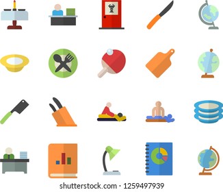 Color flat icon set knives flat vector, cutting board, plates, dish, book balance accounting, massage, reading lamp, office worker, globe, table tennis, romantic dinner fector, setting, doctor's