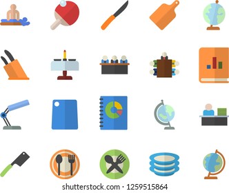 Color flat icon set knives flat vector, cutting board, table setting, plates, book balance accounting, massage, reading lamp, office worker, meeting, globe, tennis, romantic dinner fector