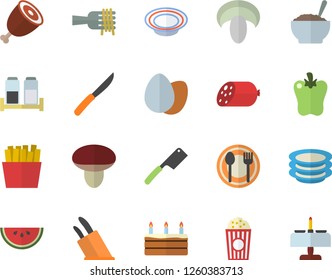 Color flat icon set knives flat vector, spice, table setting, plates, sausage, egg, watermelon, spaghetti on a fork, mushroom, cake, dish, porridge, ham, bell pepper, French fries, popcorn