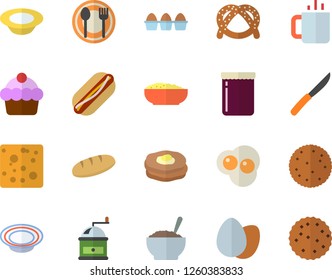 Color flat icon set knives flat vector, coffee grinder, table setting, biscuit, bagel, cake, cheese, egg, bread, hot dog, dish, porridge, tea, scrambled eggs, jam, pancakes