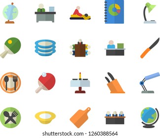 Color flat icon set knives flat vector, cutting board, table setting, plates, dish, book balance accounting, massage, reading lamp, office worker, meeting, globe, tennis, romantic dinner fector