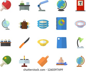 Color flat icon set knives flat vector, cutting board, plates, dish, book balance accounting, massage, reading lamp, office worker, meeting, globe, table tennis, romantic dinner fector, doctor's