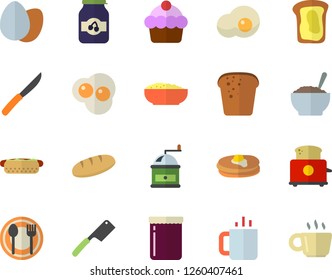 Color flat icon set knives flat vector, coffee grinder, toaster, table setting, pancakes, cake, egg, bread, hot dog, porridge, tea, scrambled eggs, jam, sandwich