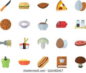 Color flat icon set knives flat vector, cookbook, spice, egg, sausage, spaghetti on a fork, hamburger, hot dog, pizza, mushroom, dish, porridge, chop, bell pepper, sashimi, biscuit