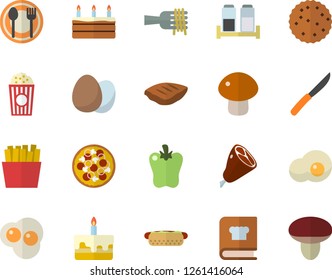 Color flat icon set knives flat vector, cookbook, spice, egg, table setting, spaghetti on a fork, hot dog, pizza, mushroom, cake, ham, chop, bell pepper, French fries, popcorn, scrambled eggs