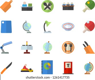 Color flat icon set knives flat vector, cutting board, table setting, dish, book balance accounting, massage, reading lamp, office worker, meeting, globe, tennis, romantic dinner fector, doctor's