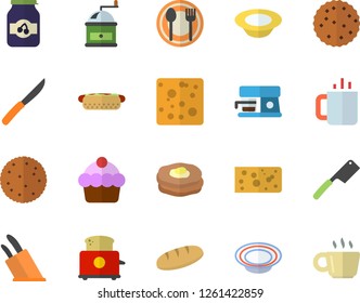 Color flat icon set knives flat vector, coffee grinder, toaster, machine, table setting, biscuit, cake, cheese, bread, hot dog, dish, tea, jam, pancakes