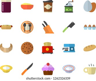 Color flat icon set knives flat vector, coffee grinder, toaster, machine, table setting, croissant, cake, egg, bread, hot dog, dish, porridge, coffe, jam, biscuit