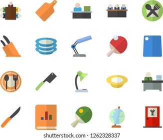 Color flat icon set knives flat vector, cutting board, table setting, plates, dish, book balance accounting, reading lamp, office worker, meeting, globe, tennis, fector, doctor's