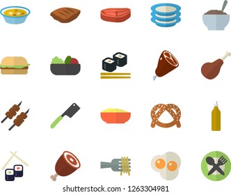 Color flat icon set knives flat vector, plates, chop, ham, bagel, spaghetti on a fork, hamburger, salad, soup, porridge, shashlik, fish rolls, scrambled eggs, mustard, table setting fector